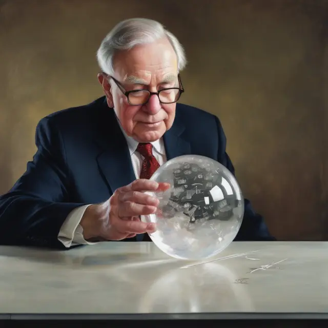 Warren Buffett scrutinizes a crystal ball brimming with various stock symbols, symbolizing the power of intuition and effective kicking the tires strategy.