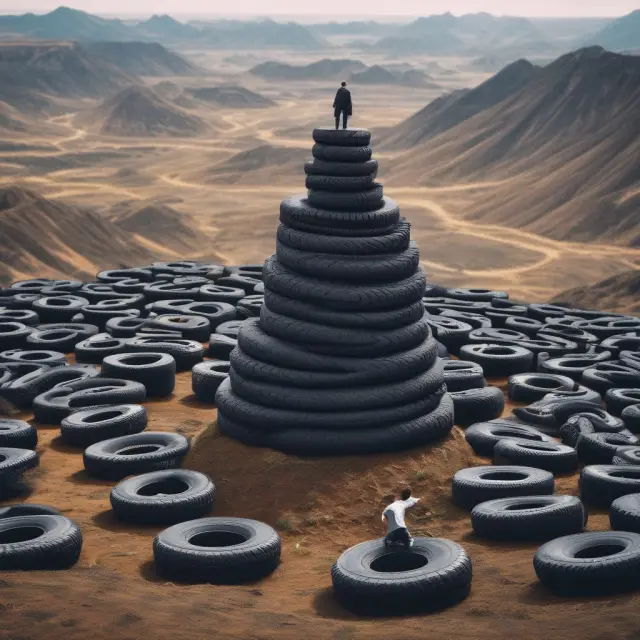 An investor perusing investment types like stocks, bonds, mutual funds, hedge funds, real estate, and private equity atop a mountain of tires symbolizing minimal research