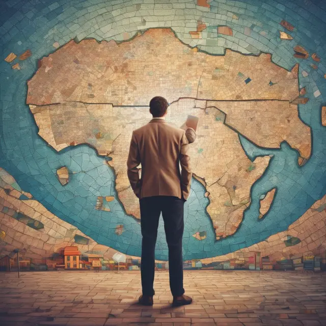 An intuitive investor examines a colorful mosaic map, discovering potential hidden gems through cursory research in the financial market