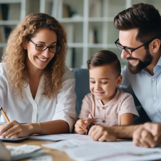 Parents explaining the kiddie tax rules to their child, with visualizations of stacked tax brackets and a calendar showing different age milestones