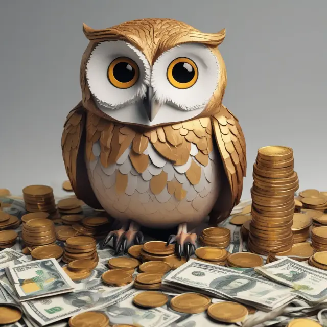 An owl scrutinizing a hoard of gold coins and banknotes, representing parents evaluating their children