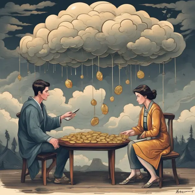 Image: Parents handing over gold coins to their child as they stand under dark, impending storm clouds. SEO keywords: Impact of Kiddie Tax, Gifts, Inheritances, Storm Clouds, Financial Planning