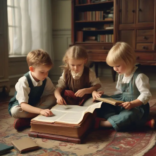 A group of children sitting around an antique tax law book, symbolizing FAQs about the Kiddie Tax and its implications