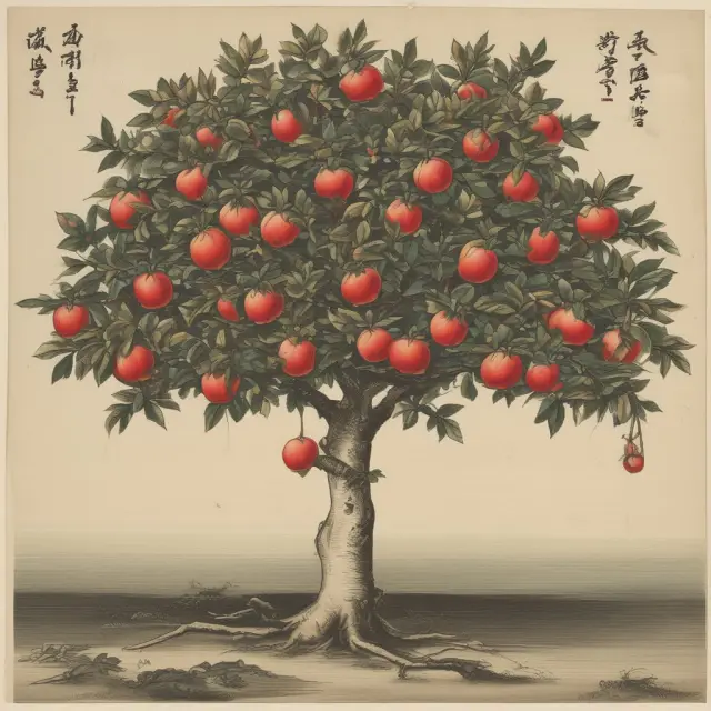 An apple tree displays bullish and bearish signals through branches bearing fruit and shedding leaves, illustrating Kijun-Tenkan Line concepts