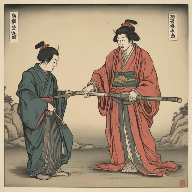 A samurai balancing two weights labeled 