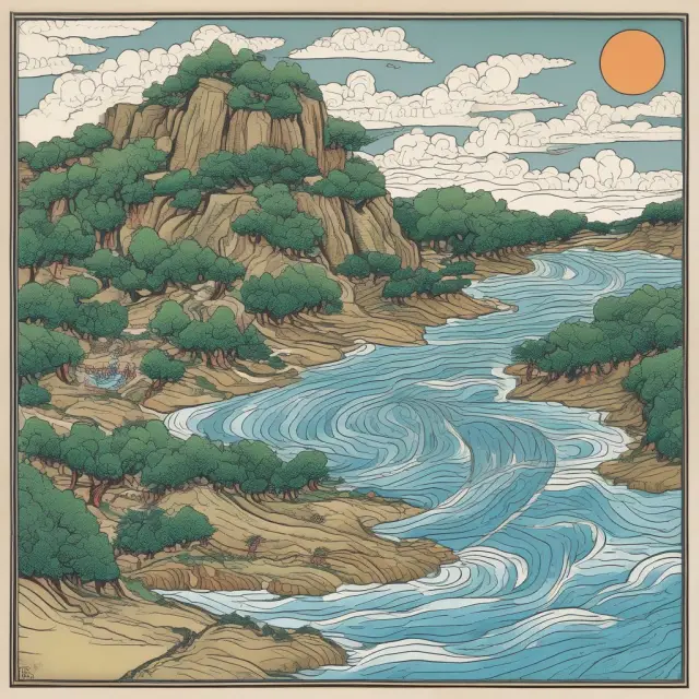 A gentle river flowing left (Kijun-sen) meets a stronger river flowing right (SMA), symbolizing their distinct approaches coming together for effective market analysis.