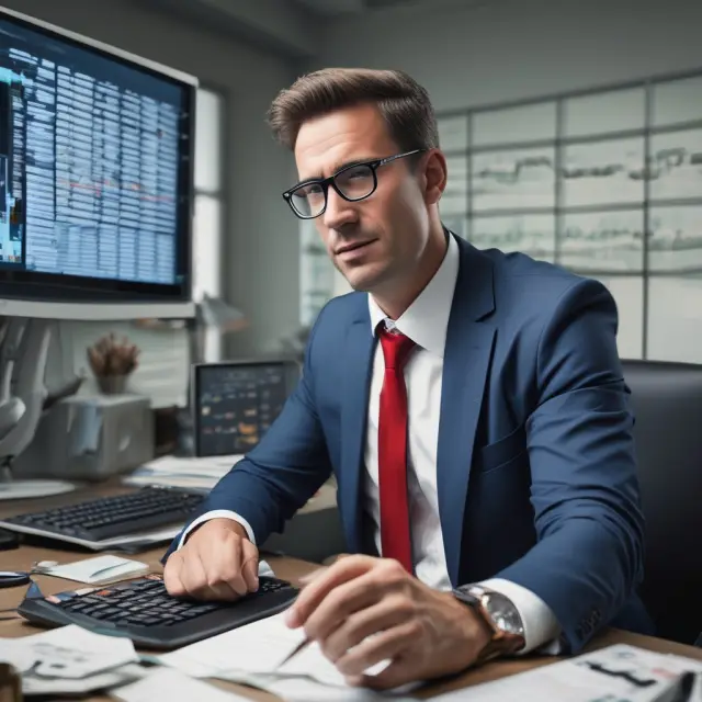 A trader wrestling with a stormy market scene, carefully weighing broker policies and cancel order buttons