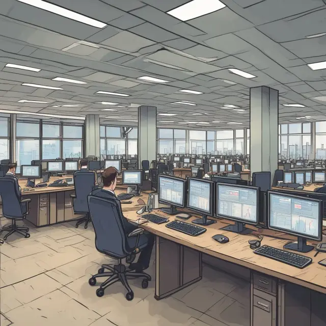 A trading floor scene where traders balance their desires for price and quantity with successful execution of fill or kill orders