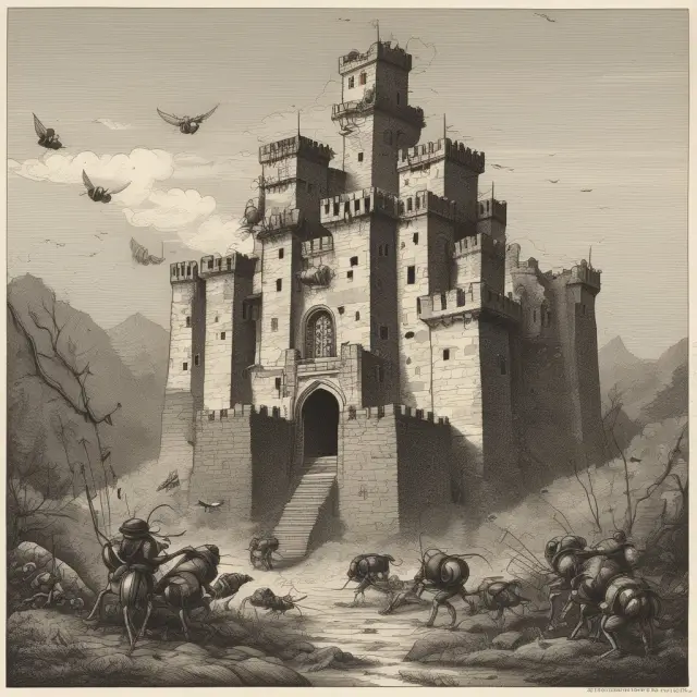 An image of killer bees protecting a castle from golden raiders, depicting the rise of anti-takeover defense strategies during the 1980s.