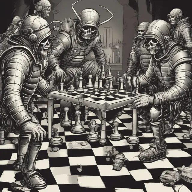 A killer bee strategizes with suitors on a chessboard, illustrating the advantages and disadvantages of having expert advisors during hostile takeover attempts