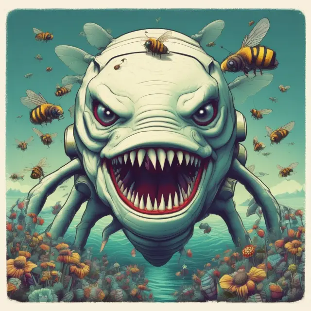 Killer bees shielding a target company from a shark, symbolizing hostile takeover defense strategies like flip-ins, white knights, and lobster traps.