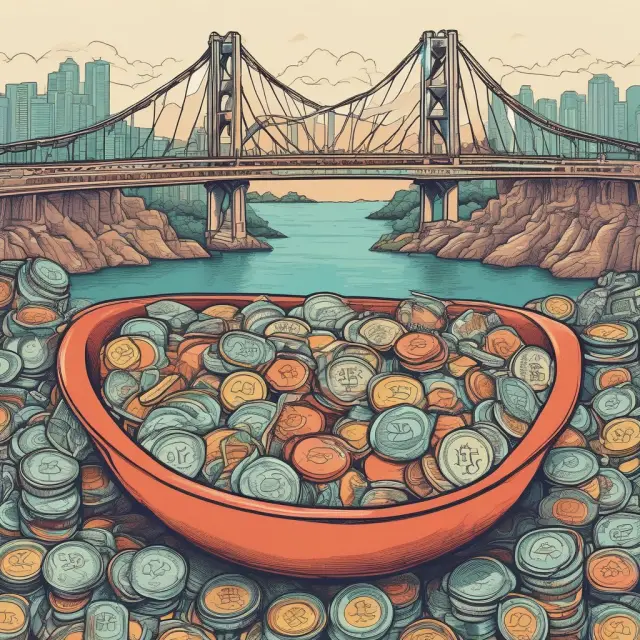 Two bowls represent international and South Korean cryptocurrency markets, connected by a bridge symbolizing arbitrage opportunities impacted by the kimchi premium.