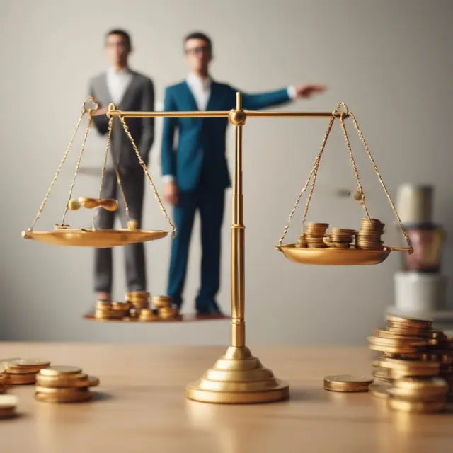 Parents seated at a table, weighing coins and managing hourglasses to symbolize budgeting and balancing financial expectations while providing support for adult children