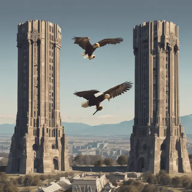 A scene of banking towers protected by eagles holding shields symbolizing holds and fees to prevent check kiting in the financial sector