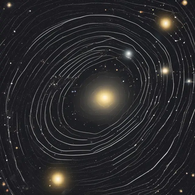 Imagery of the Klinger oscillator as a celestial system, where stars represent trading signals, planets are zero line crossovers, and galaxies depict price movements with volume orbits