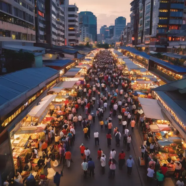 A lively market scene showcasing Bursa Malaysia at its core, traders engaging in transactions representing equities, bonds, and more.