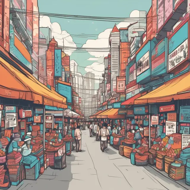 Malaysian marketplace scene featuring mutual fund, ETF, and ADR stalls for investment options