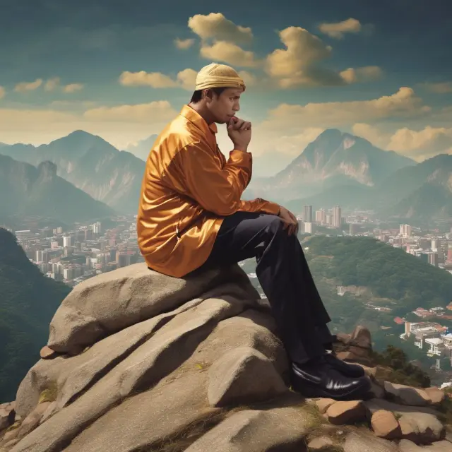 A wise trader overlooking a vast mountain range made up of various Exchange Traded Funds (ETFs) as he considers the potential impact of proposed changes to short selling regulations on Bursa Malaysia.