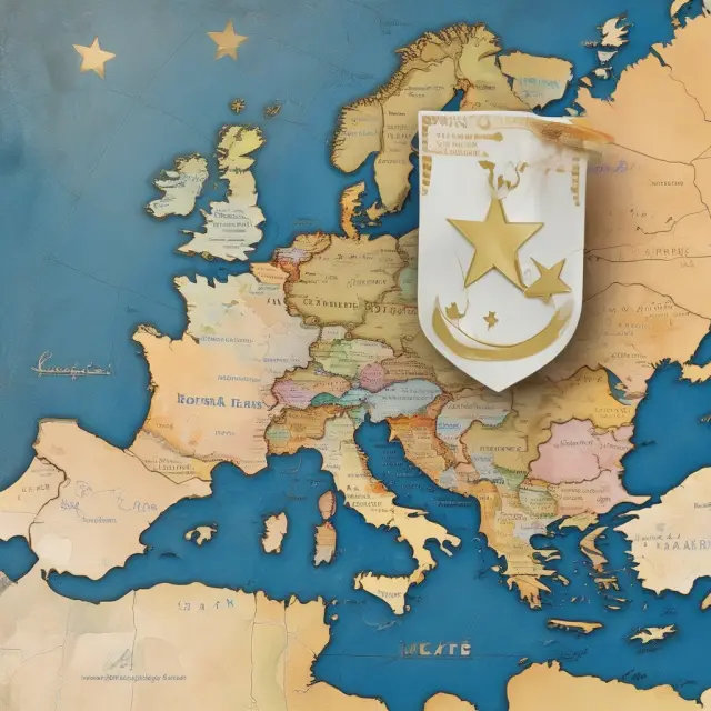 A European map with a golden crescent moon and star superimposed over it, symbolizing the unique blend of European ties (euro) and Arabic influences in Comorian franc