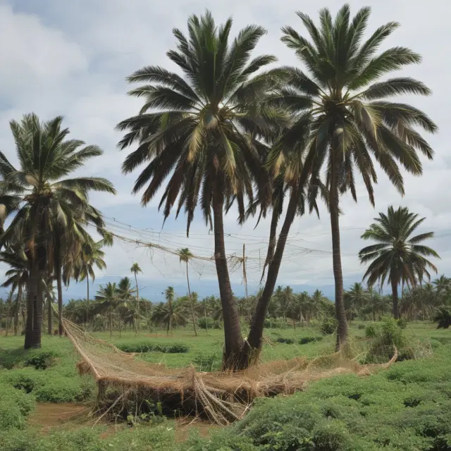 Image of islands filled with fishing nets, palm trees, and tourism postcard scenes amidst agricultural fields representing the key industries in Comoros