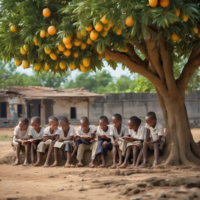Image of children attending school under the shade of a mango tree in Comoros, illustrating the challenges faced by the country