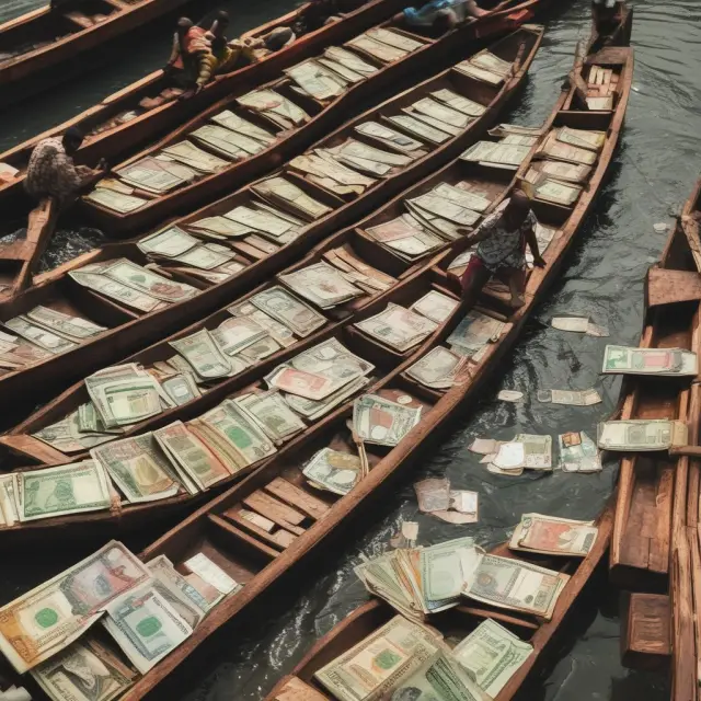 Tourist sailing a wooden boat through a river of currency exchange rates between KMF, euros, US dollars, and other currencies in Comoros