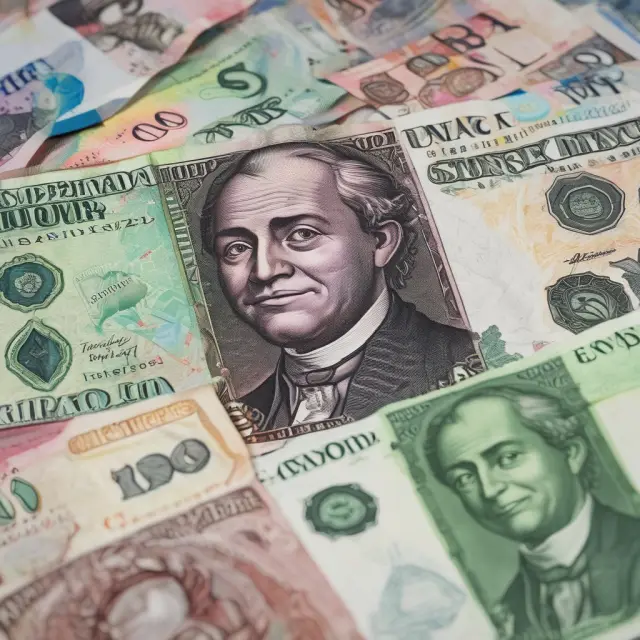 A Comorian franc chameleon morphing between euros and US dollars against a backdrop of other African currencies