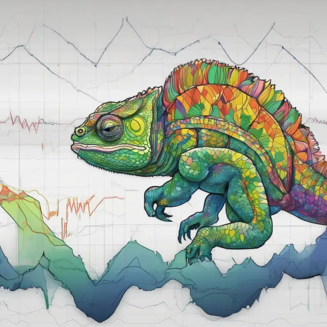 An image of two interconnected KST oscillators, with a morphing chameleon changing between diverse chart patterns