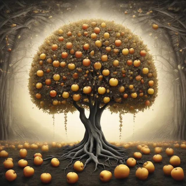 Apple tree bearing knowledge fruits vs. barren forest, representing intangible asset