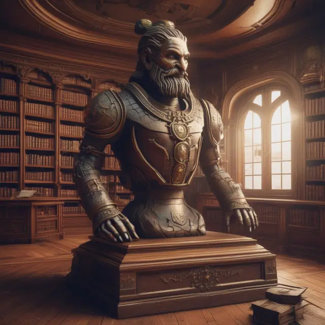 Protective figures safeguarding intellectual property within a structural capital fortress