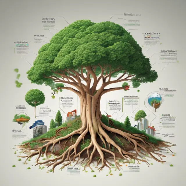 A lush, green forest with companies as trees, growing branches representing human capital, research, innovation, and structural capital