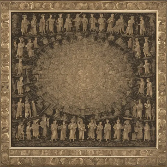 Golden threads weaving a tapestry representing collaboration; employees working together. Intellectual property shield guarding the creation.