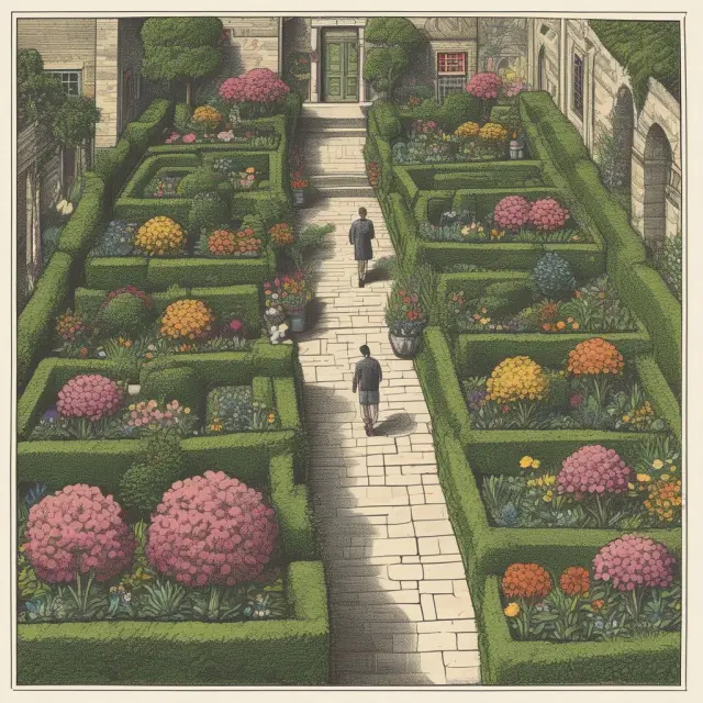 A vibrant garden filled with blooming flowers symbolizing ideas, surrounded by researchers and scholars, reflecting the growth and innovation in the knowledge economy.