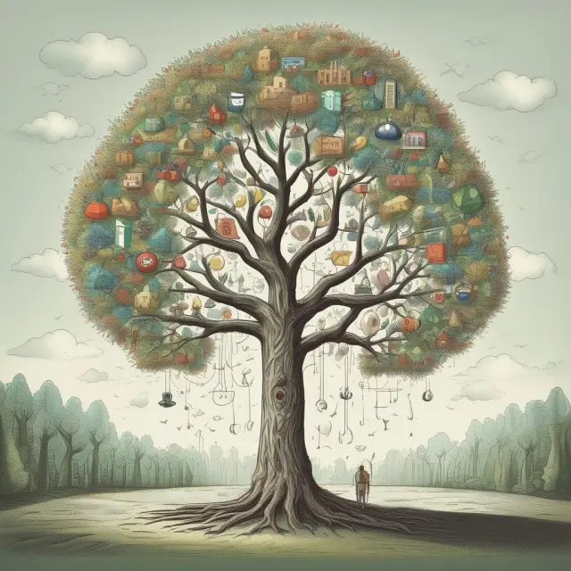 An evolving tree growing from a seed representing agriculture to a flourishing tree symbolizing the knowledge economy, reflecting the shift from tangible resources to intellectual capital