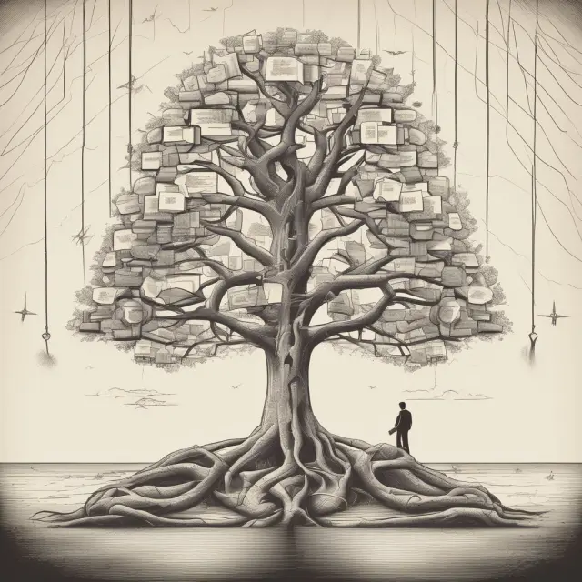 Researcher with patent application on a growing tree representing knowledge economy