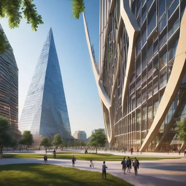 A vibrant scene featuring a university, corporation, and government structure joining forces to foster innovation and growth within a thriving knowledge economy.