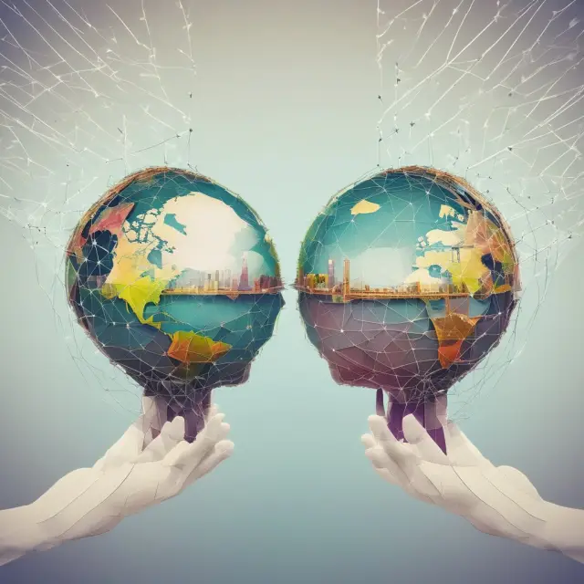 Two connected globes exchanging ideas and knowledge, symbolizing globalization