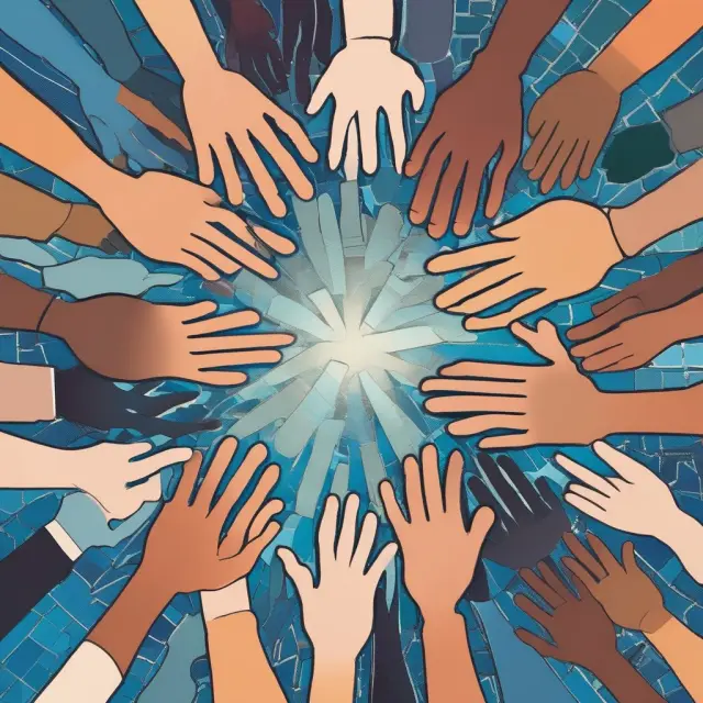 A colorful mosaic image of various hands joining together to create a cohesive puzzle, signifying diverse essential skills necessary for success in the knowledge economy.
