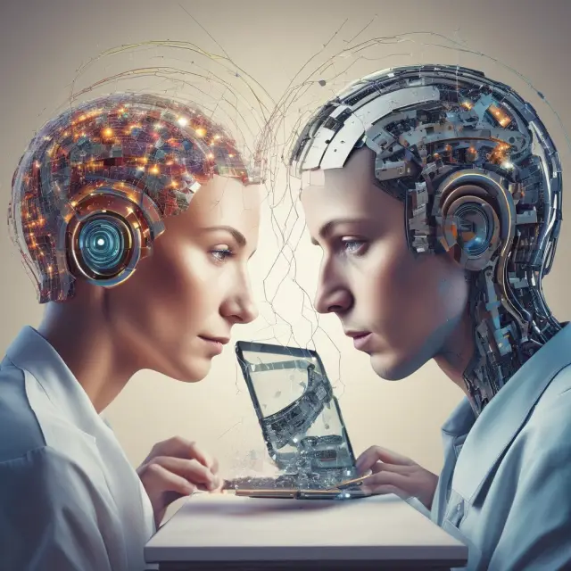 An expert brain intertwining with an artificial intelligence network, symbolizing knowledge engineering transforming decision making