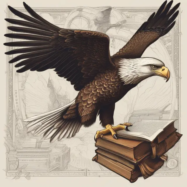 An eagle flying with a book, illustrating the future of knowledge engineering surpassing human expertise
