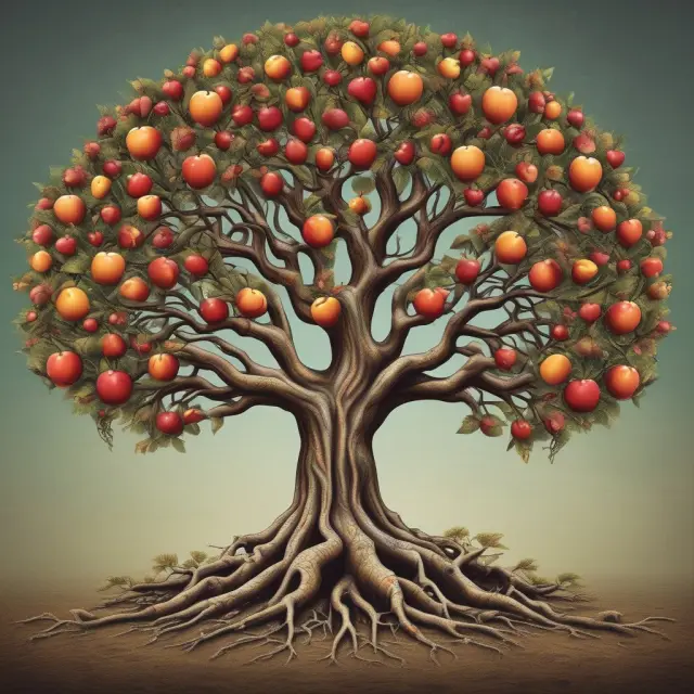 Tree symbolizing knowledge engineering: roots absorb expertise, branches create rules, fruit represents decisions.