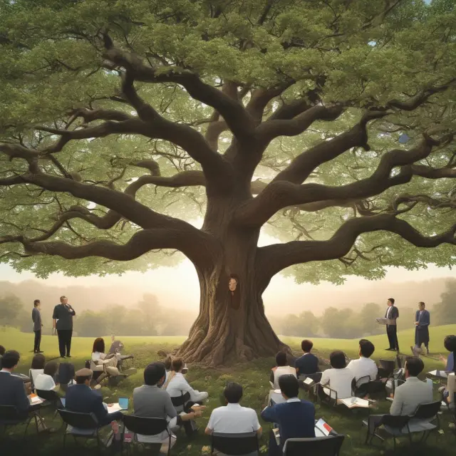 Institutional investors and a flourishing KPO tree symbolizing growth through effective communication, ongoing training, and continuous improvement.