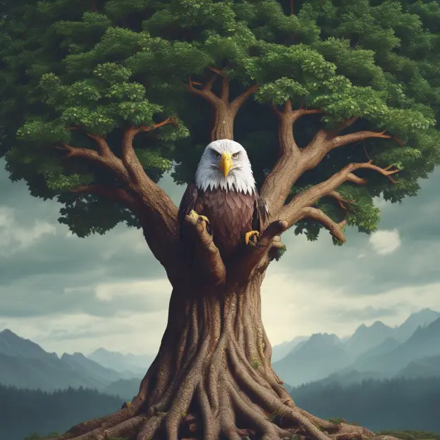An eagle perched atop a tree, meticulously observing a customer profile with spreadsheet and binoculars
