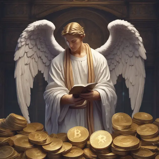 An ethereal guardian angel diligently supervising a cryptocurrency exchange, holding a scroll displaying KYC regulations to maintain compliance and security.