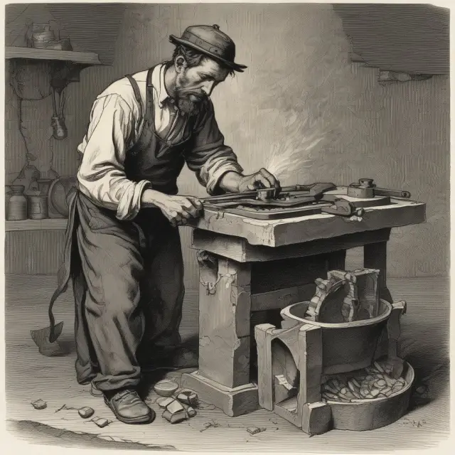 Blacksmith crafting manual credit card imprinter, emphasizing knuckle strain