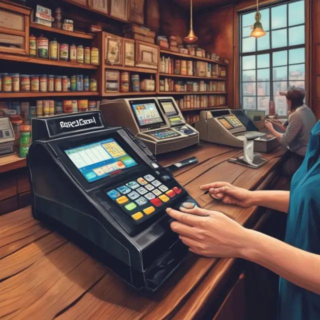 An image of knuckle-busters and electronic point-of-sale (EPOS) terminals engaging in a metaphorical battle, symbolizing the shift from manual to digital credit card processing