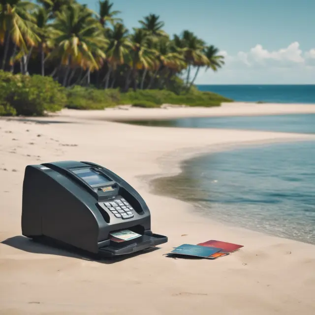 A manual credit card imprinter resting on a sandy beach amidst palm trees - representing its importance for businesses operating in remote locations without access to electricity or reliable internet.
