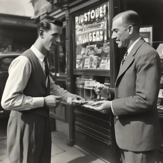 A vintage salesman explains the usage of a manual credit card imprinter (knuckle-buster) to a curious onlooker.