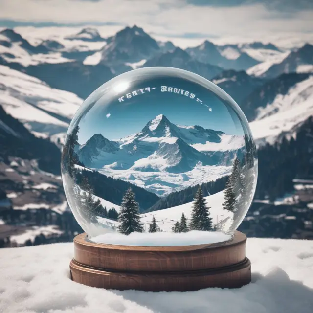A Swiss mountains scene with a crystal clear snowglobe depicting the KOF Economic Barometer, symbolizing its ability to predict economic trends.