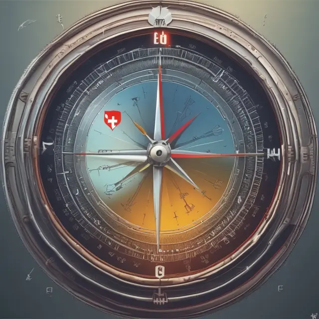 A Swiss compass with the needle pointing towards a barometer showing an upward trend, surrounded by 500 interconnected gears representing various economic factors influencing the Swiss economy